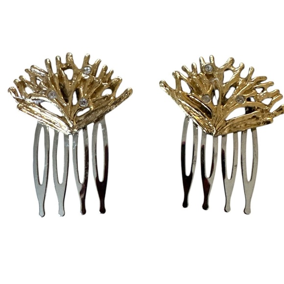 Coral Hair Comb Set Gold-Tone Rhinestones Beach Bridal Resort Hair Accessory - Picture 3 of 6